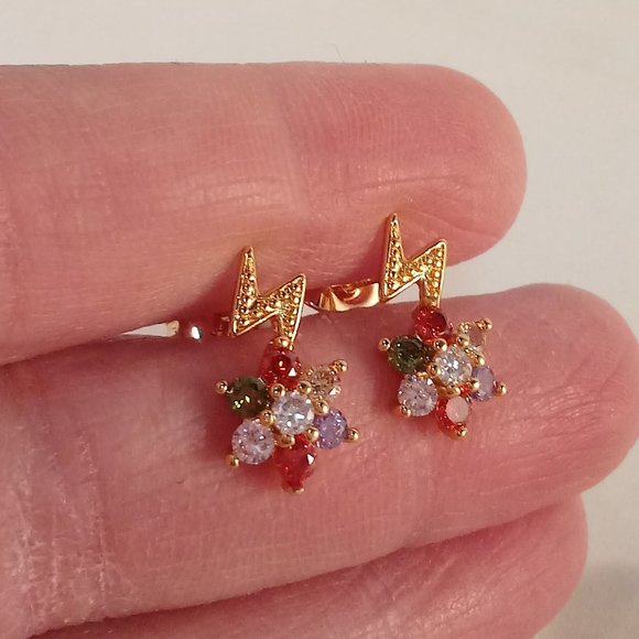 18K Yellow Gold Flower Lightning Bolt Diamond Zircon Stud Earrings Multi Color - Picture 6 of 6